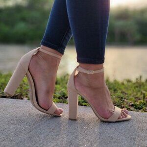 Beige Suede Ankle Strap Block Heel Dress Sandals